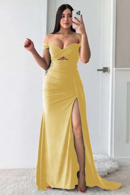 Off the Shoulder Sleeveless Long Split Prom Dress With Pleated