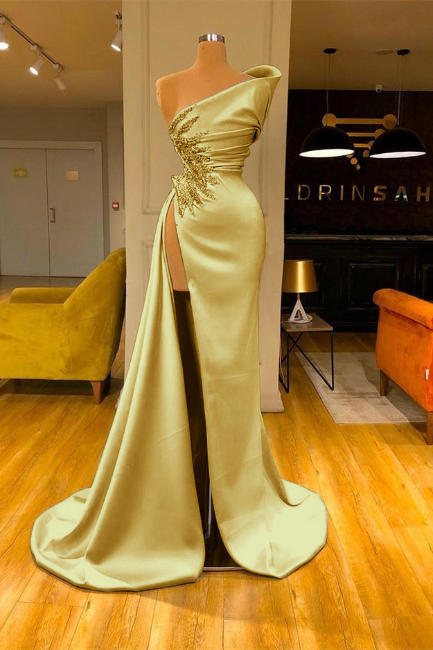 Sky Blue Mermaid One Shoulder Sleeveless Long Split Prom Dress With Beadings