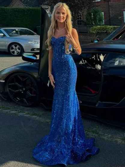 Light Blue Mermaid Spaghetti Straps Long Prom Dress with Beading
