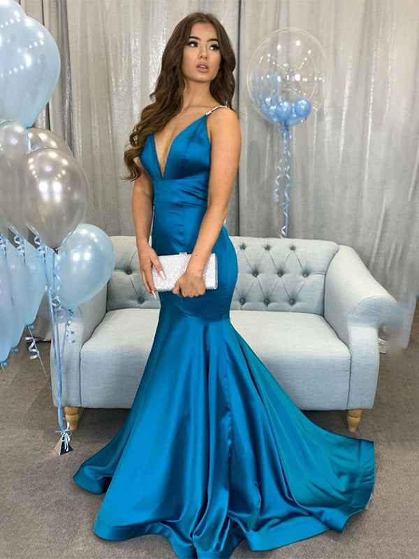 Peacock Blue Mermaid V-Neck Spaghetti Straps Satin Long Prom Dress