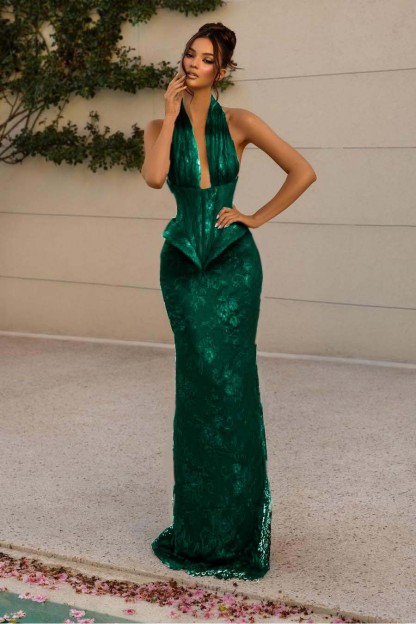 Halter Sleeveless Long Mermaid Prom Dress With Lace Appliques