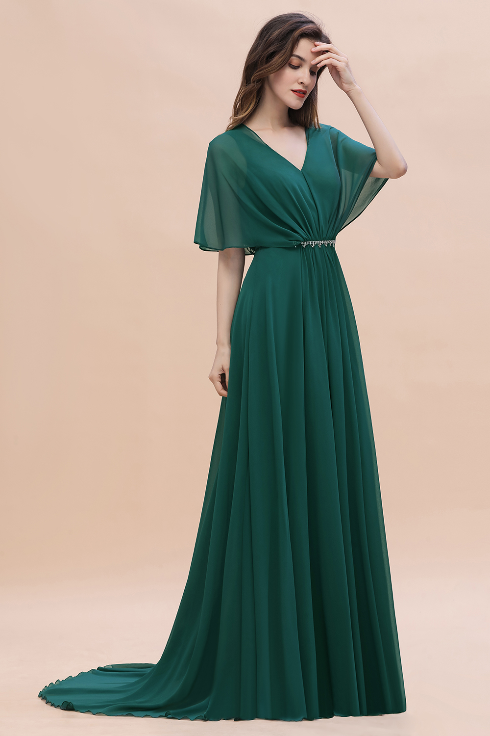 BMbridal Gorgeous V-Neck Chiffon Ruffles Beading Bridesmaid Dress with Half Sleeves-BMbridal