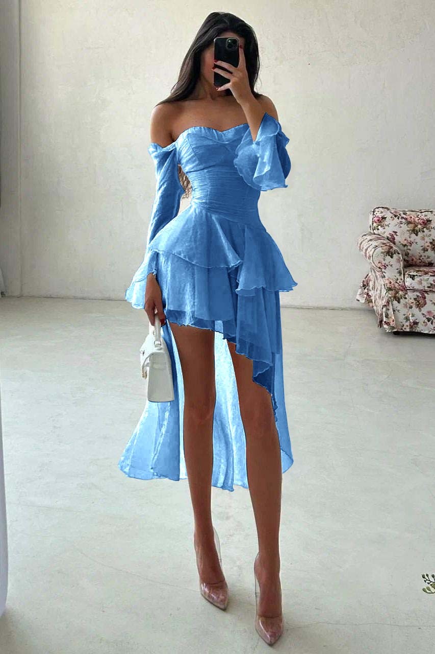 Strapless Long Sleeves Off the Shoulder Short Prom Dress With Ruffles
