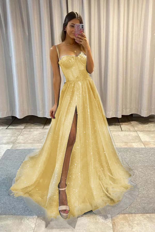 Spaghetti Strap Sleeveless Long Split Prom Dress With Sequins