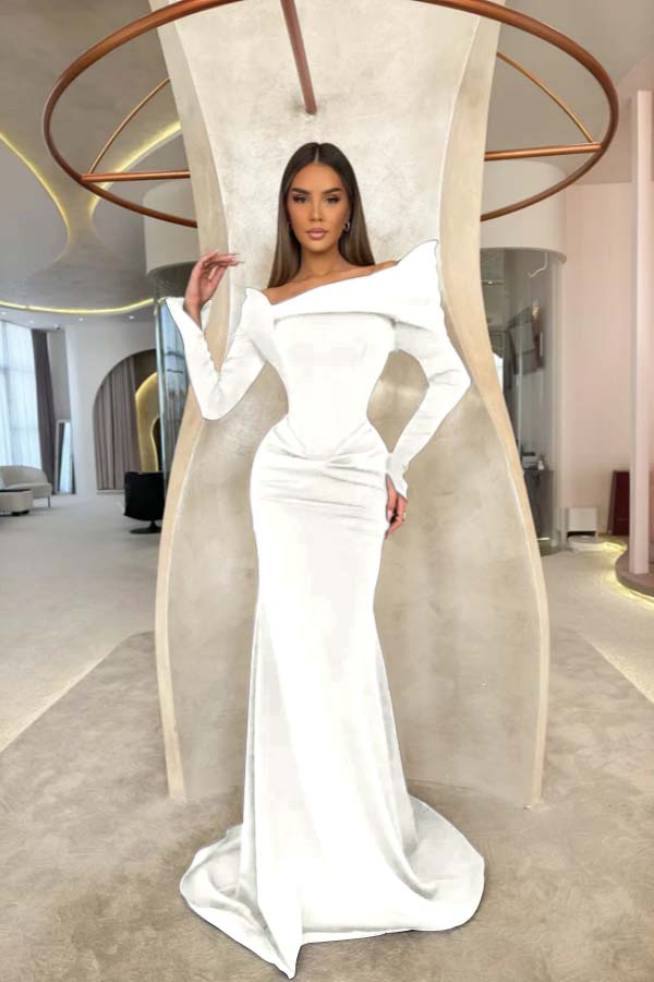 Off the Shoulder Long Sleeves Long Mermaid Prom Dress With Pleated