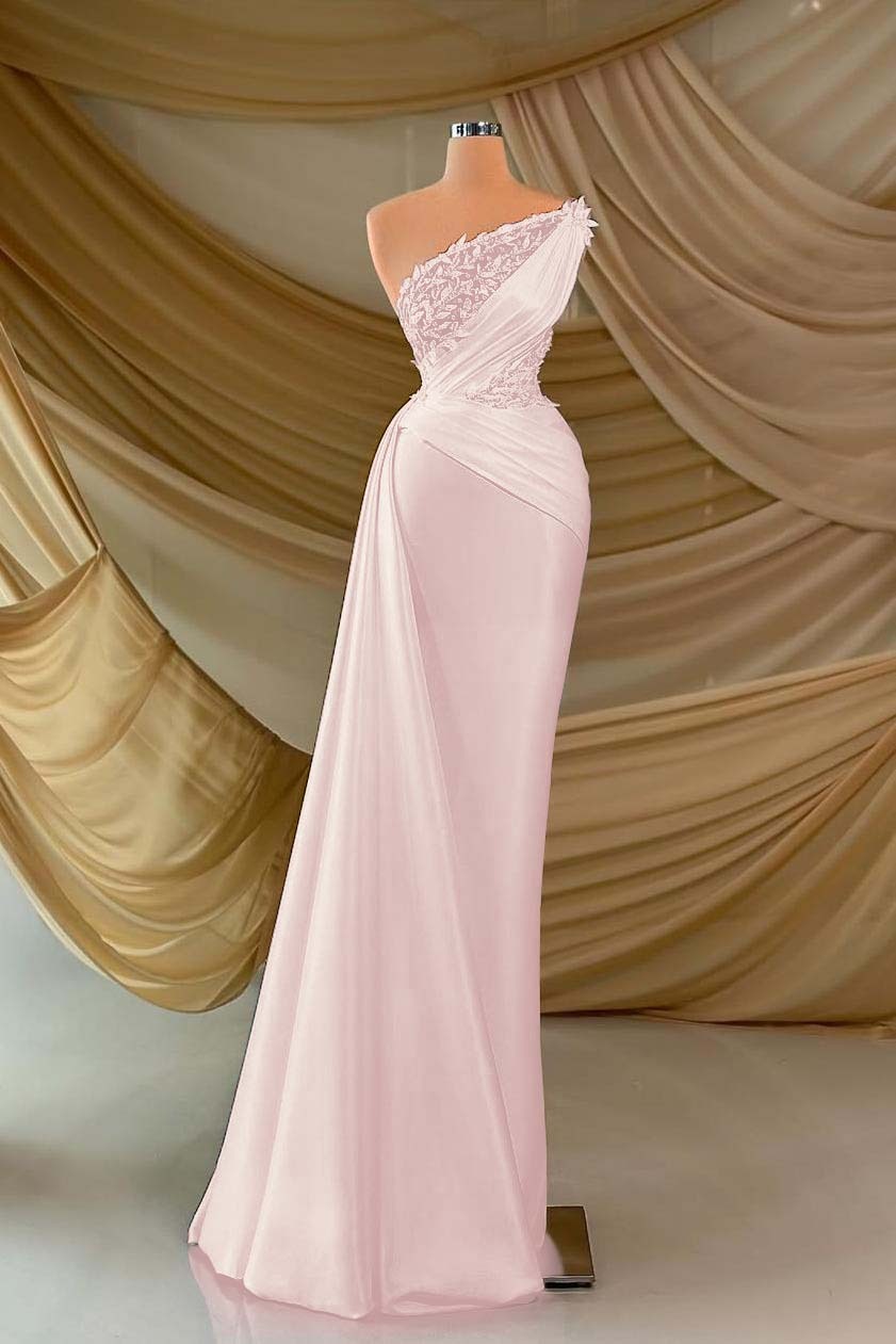 One Shoulder Sleeveless Long Prom Dress With Appliques Ruffles