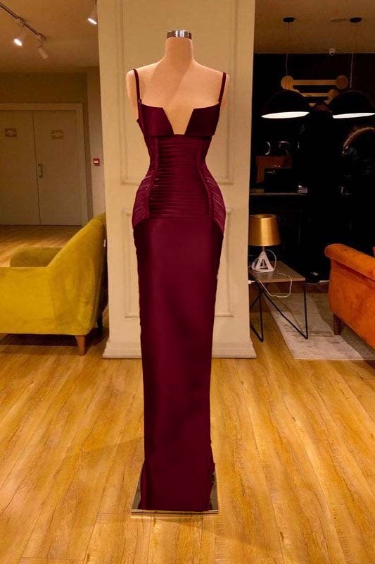 Burgundy V Neck Spaghetti Strap Sleeveless Mermaid Prom Dress With Pleated