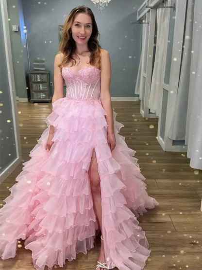 Pink Strapless Tiered Ruffles Lace Applique|s Corset Prom Dress with Slit