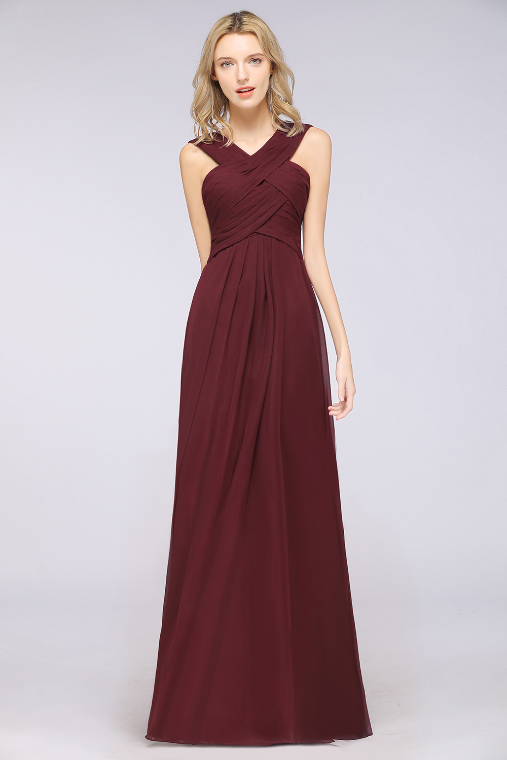 BMbridal Elegant Chiffon V-Neck Straps Crisscross Burgundy Bridesmaid Dress with Ruffle-BMbridal