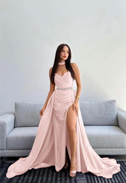 Black Halter Strapless Sweetheart  Sleeveless Mermaid Split Prom Dress With Gloves