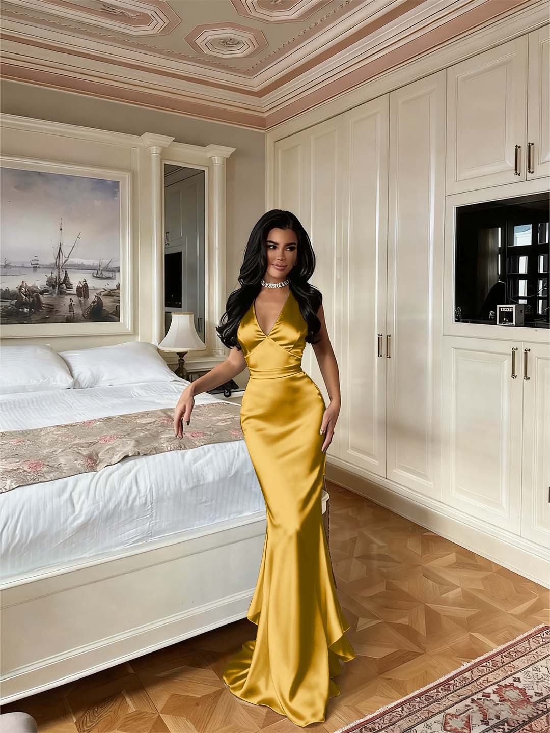 Charming V Neck Sleeveless Long Mermaid Prom Dress With Pleated