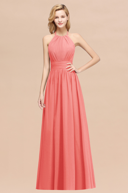 BMbridal Elegant High-Neck Halter Long Affordable Bridesmaid Dresses with Ruffles-BMbridal