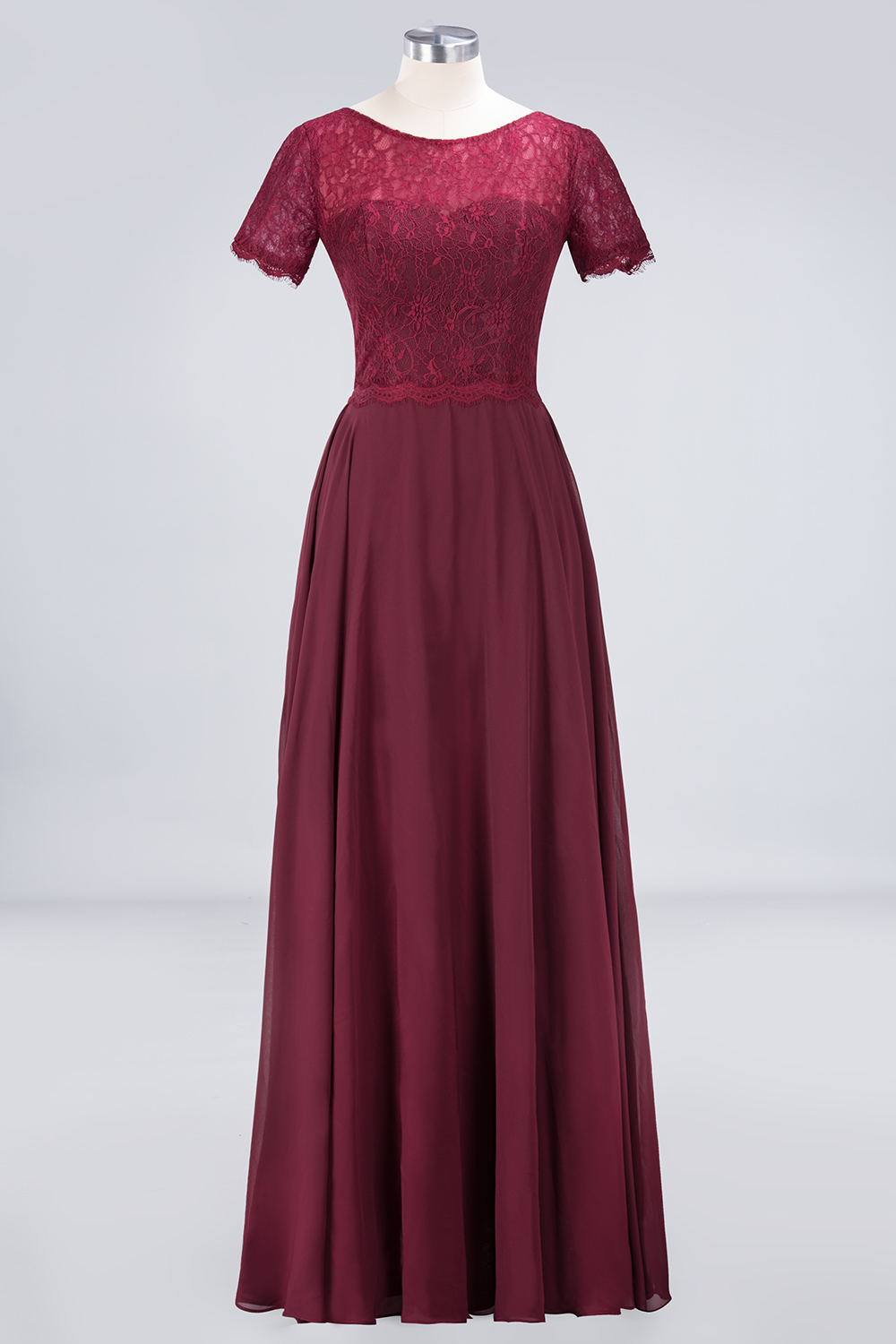 BMbridal Chic Lace Long Burgundy Backless Bridesmaid Dress With Short-Sleeves-BMbridal