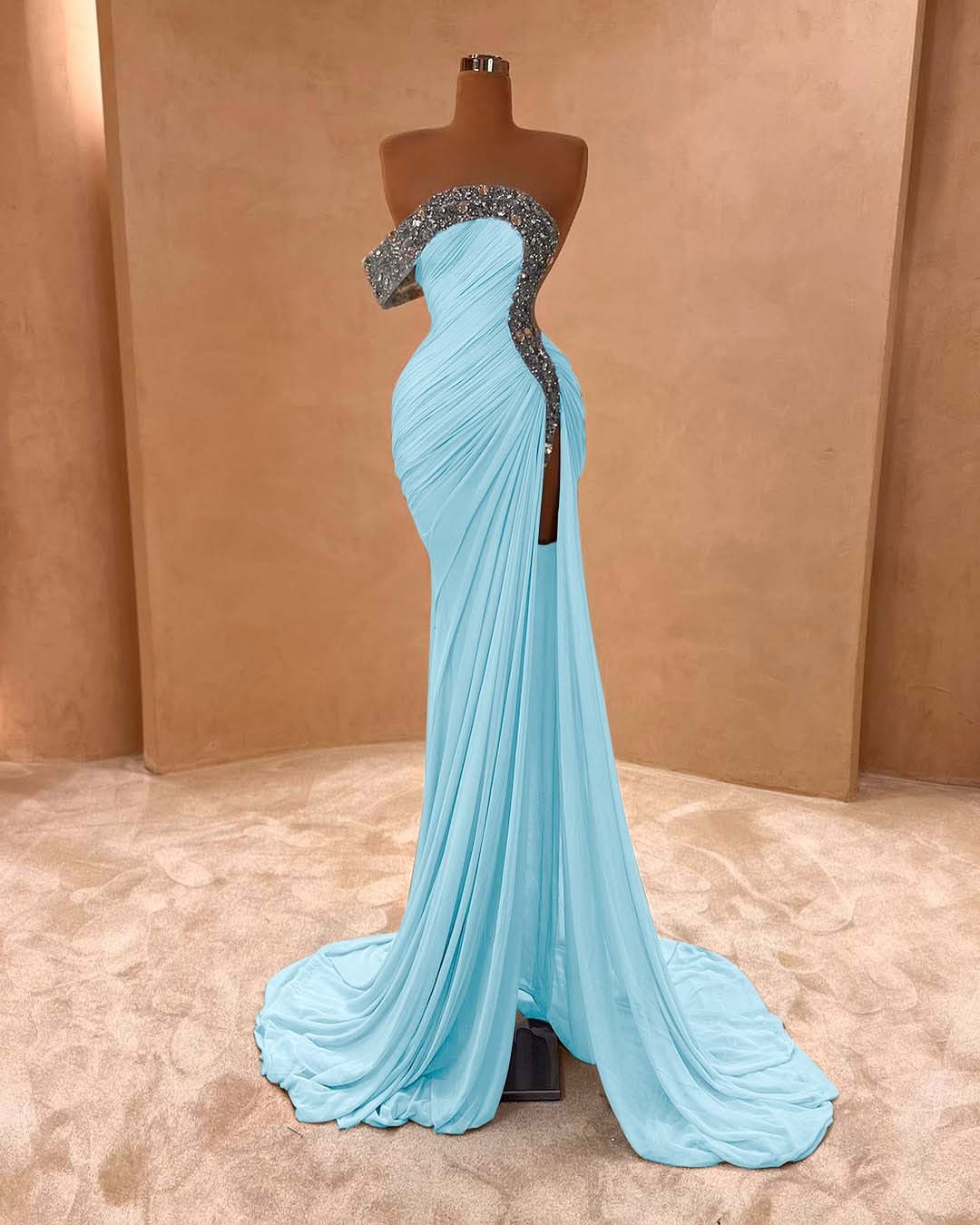One Shoulder Sleeveless Long Split Prom Dress With Pleated Sequins
