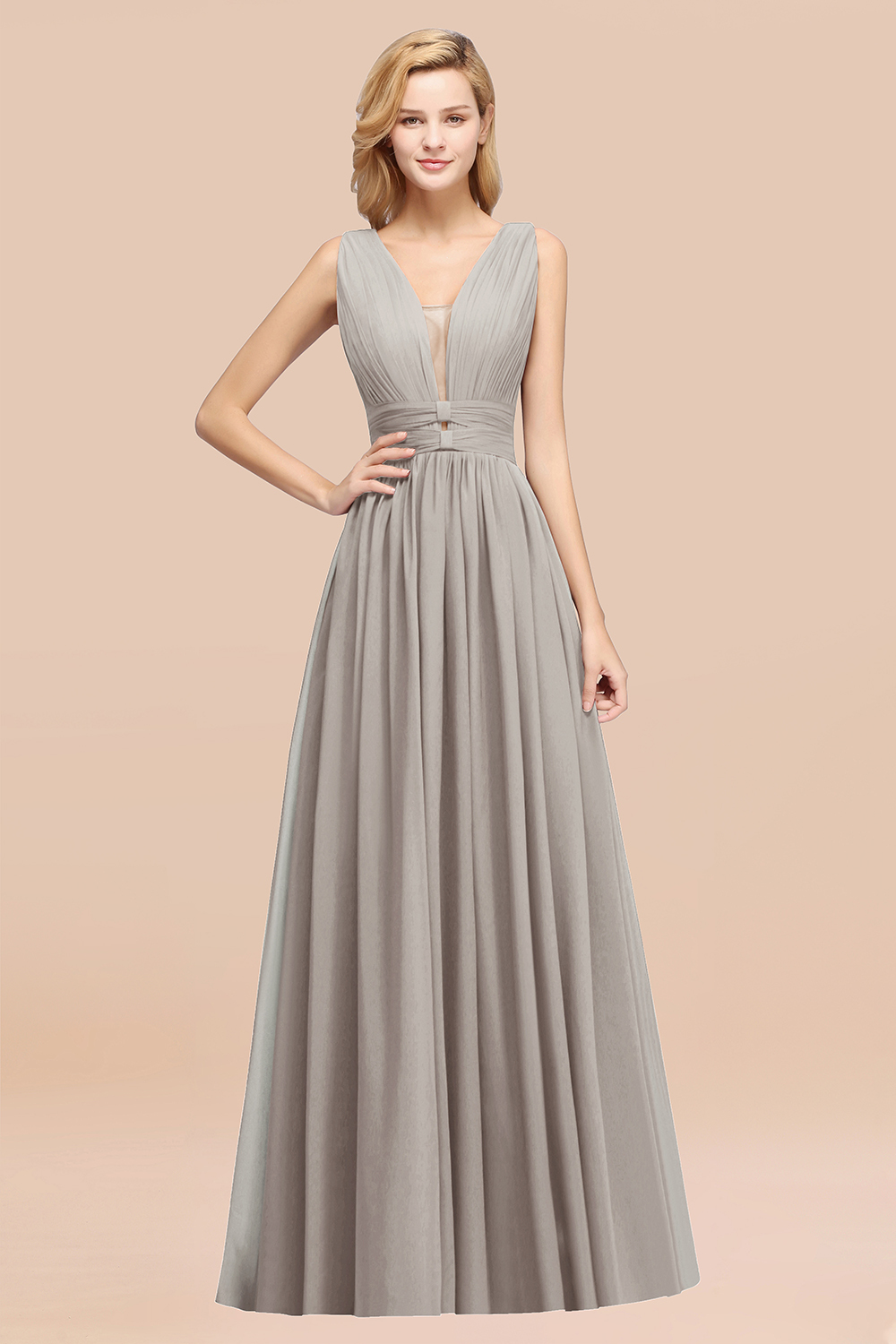 BMbridal Modest Dark Green Long Bridesmaid Dress Deep V-Neck Chiffon Maid of Honor Dress-BMbridal