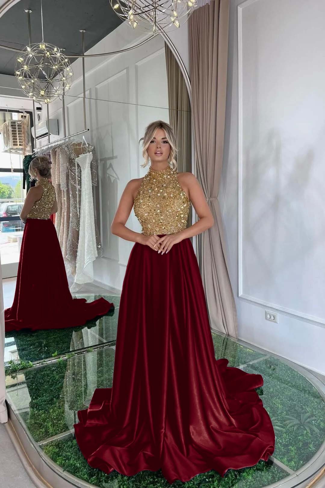 Elegant Sequins Prom Dress Gold Black Long Sleeveless Halter