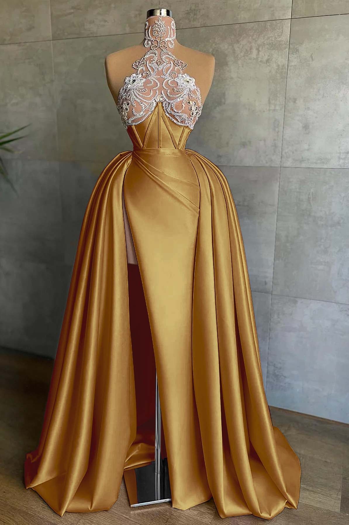 Halter Sleeveless Mermaid Split Long Prom Dress With Appliques