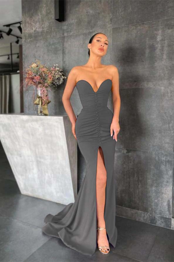 Sleeveless Strapless Long Mermaid Prom Dress With Pleated Split