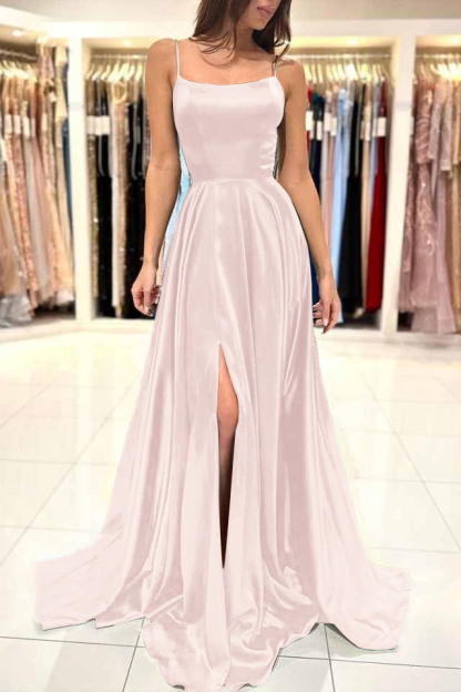 Spaghetti Strap Split Simple Long Prom Dress Green A Line