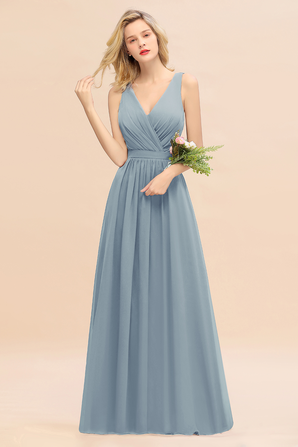 BMbridal Affordable V-Neck Ruffle Long Grape Chiffon Bridesmaid Dress with Bow-BMbridal