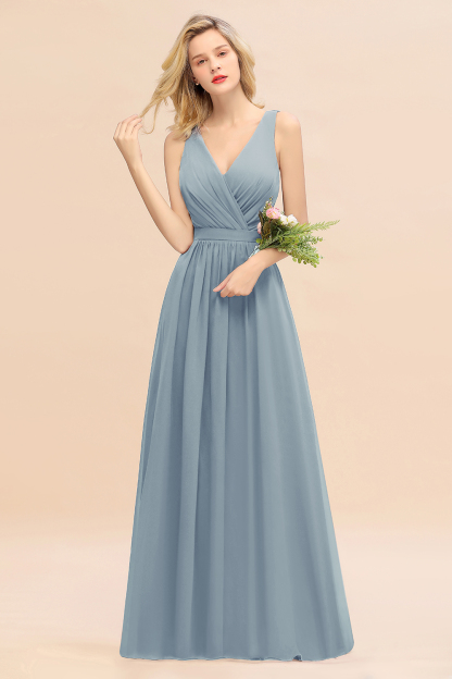 BMbridal Affordable V-Neck Ruffle Long Grape Chiffon Bridesmaid Dress with Bow-BMbridal