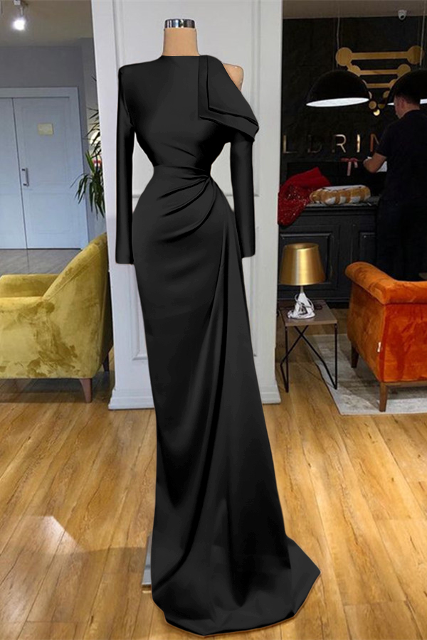 Charming High Neck Champagne Prom Dress Mermaid Long Sleeves With Pleated