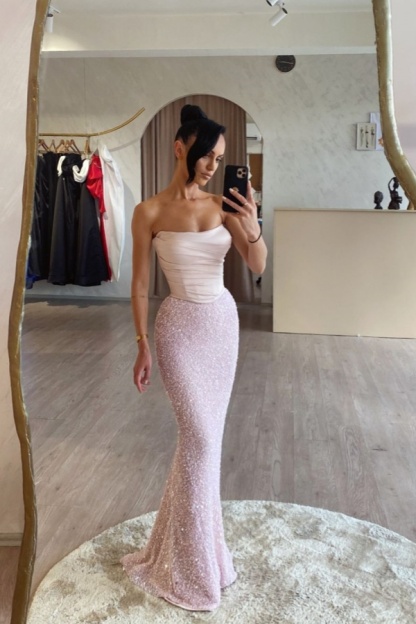 Strapless Sleeveless Long Mermaid Prom Dress With Sequin Pleated