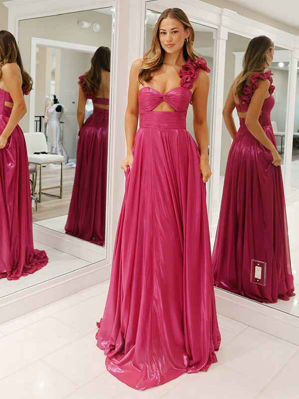 Fuchsia A-Line One Shoulder Metallic Long Prom Dress with Slit