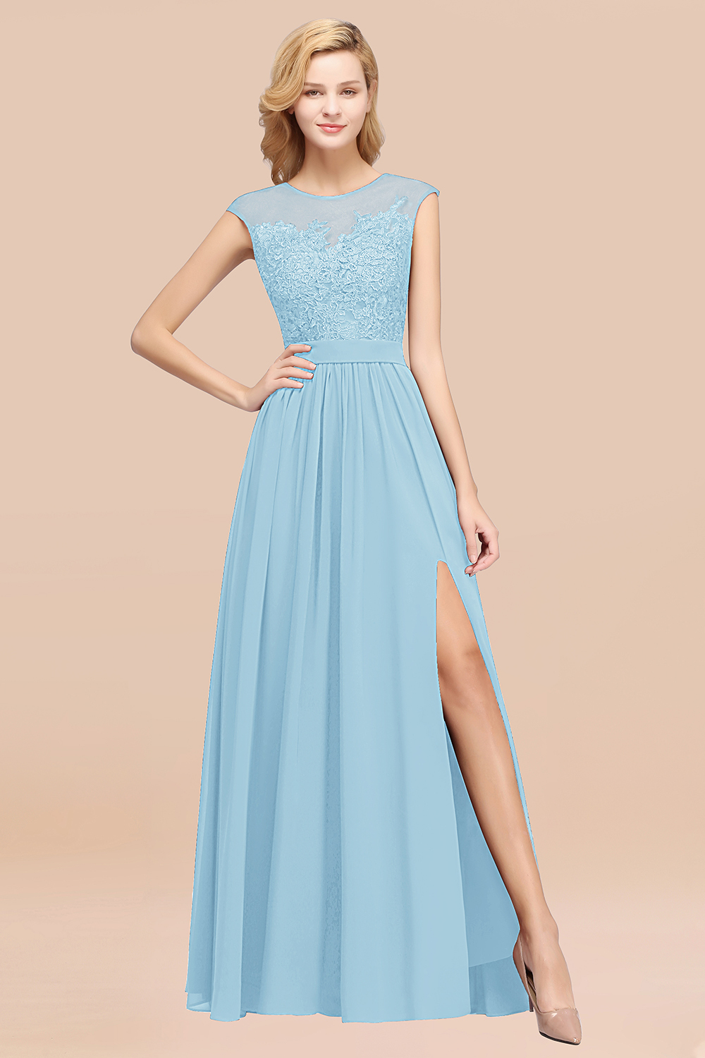 BMbridal Affordable Scoop Lace Appliques Yellow Bridesmaid Dresses with Slit-BMbridal