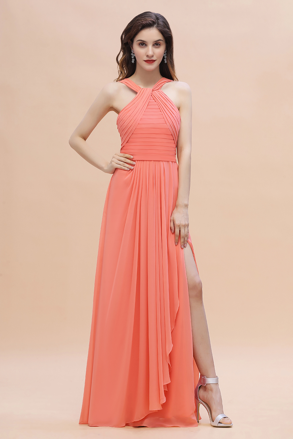 BMbridal Gorgeous A-Line Sleeveless Coral Chiffon Bridesmaid Dress with Ruffles On Sale-BMbridal