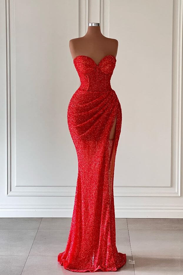 Red Sweetheart Sleeveless Long Mermaid Sequins Prom Dress With High Split