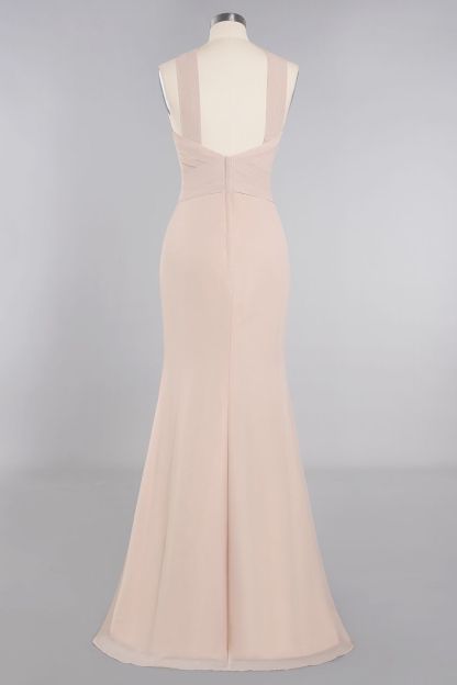 BMbridal Chic Mermaid Keyhole Pink Chiffon Long Bridesmaid Dress Affordable with Ruffle-BMbridal