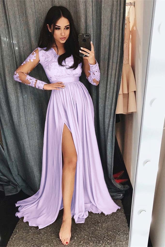 Charming Long Sleeves Front Split High Waist Prom Dress With Lace Appliques