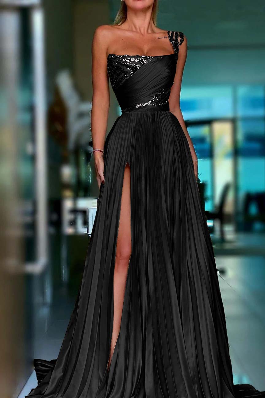 One Shoulder Sleeveless Long Prom Dress With High Split Sequins