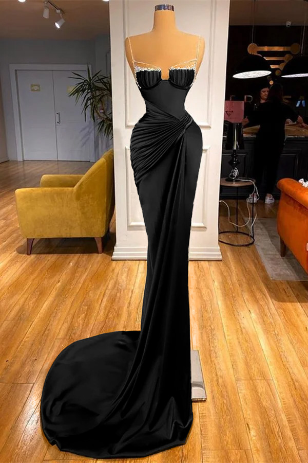 Mermaid Dark Green Spaghetti Strap Sleeveless Long Prom Dress With Beadings