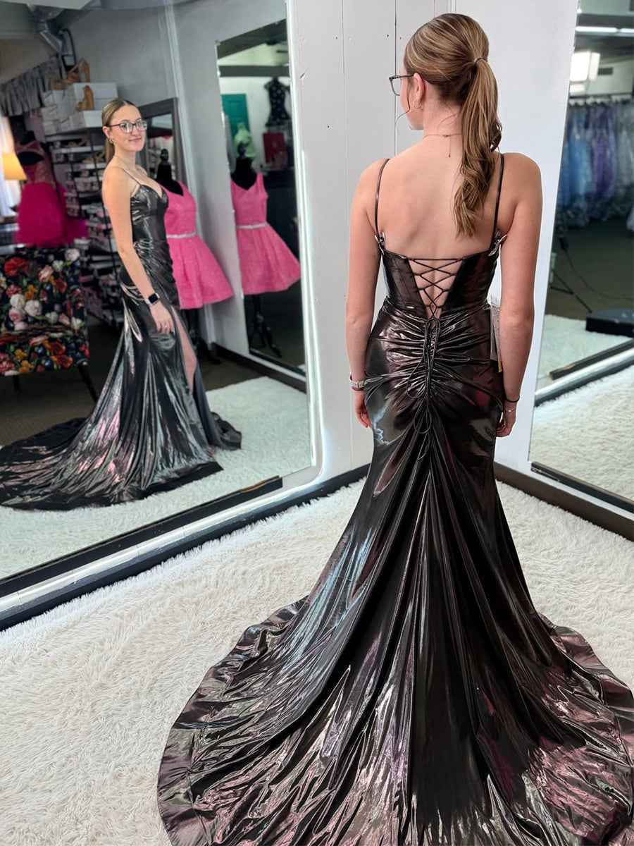 Sleek Liquid Metallic Corset Prom Dress with High Slit