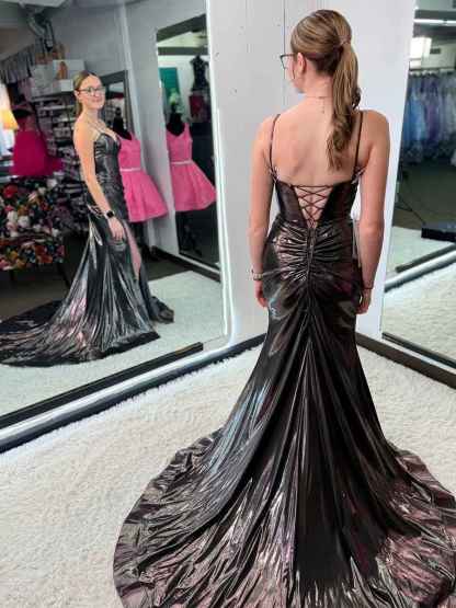 Sleek Liquid Metallic Corset Prom Dress with High Slit
