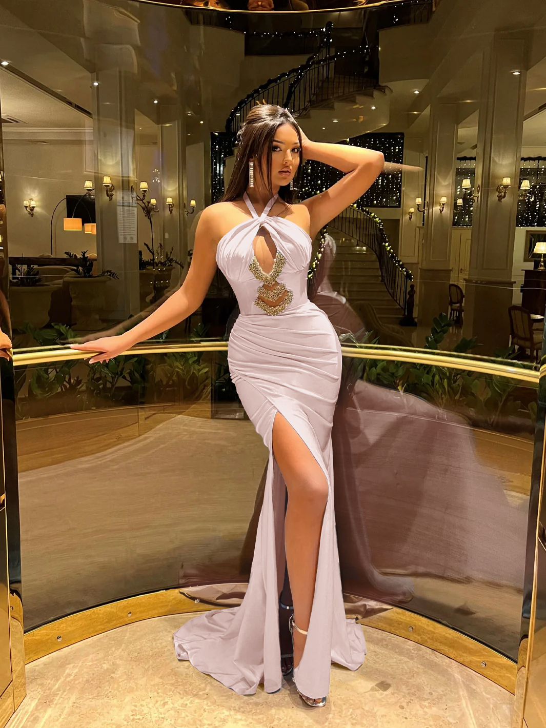 Halter Sleeveless High Split Long Prom Dress With Pleated Beading