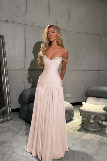 Off the Shoulder Sleeveless Long Prom Dress With Pleated Sequins