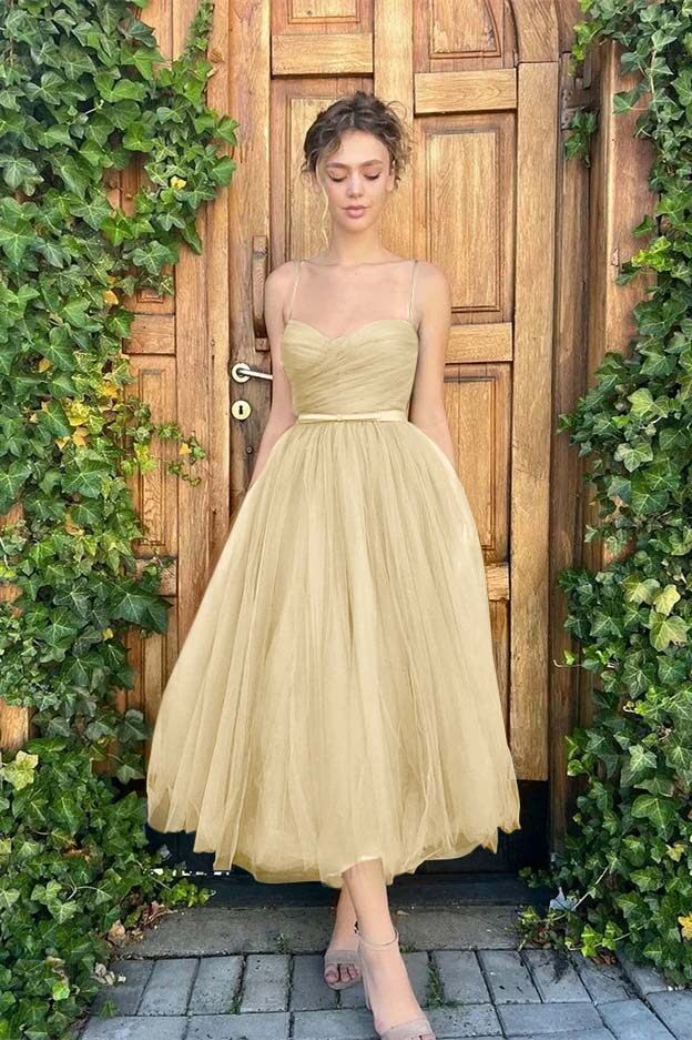 Tulle Spaghetti Strap Sweetheart Sleeveless Prom Dress With Belt