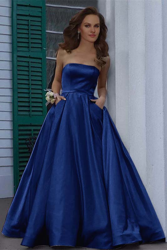 Stunning Strapless Sleeveless Burgundy A Line Long Prom Dress With Pockets