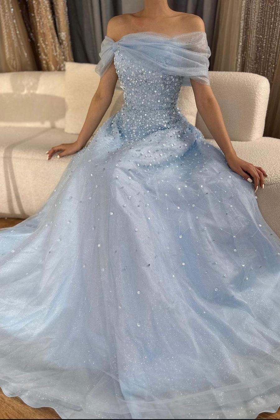 Off the Shoulder Sleeveless Long Prom Dress With Beading Tulle