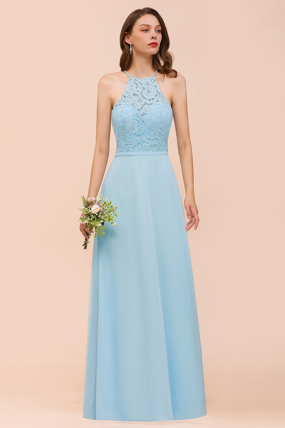 BMbridal Chic Halter Sleeveless Affordable Sky Blue Bridesmaid Dress with Lace-BMbridal
