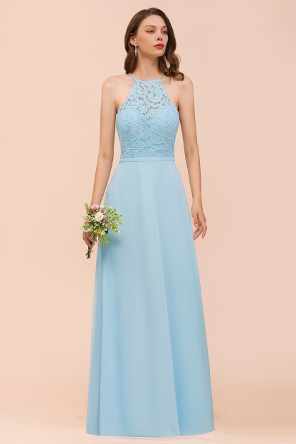 BMbridal Chic Halter Sleeveless Affordable Sky Blue Bridesmaid Dress with Lace-BMbridal