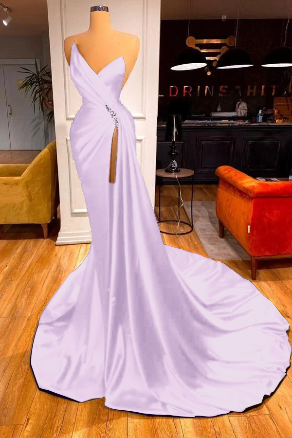 Strapless Sleeveless High Split Long Prom Dress With Beading