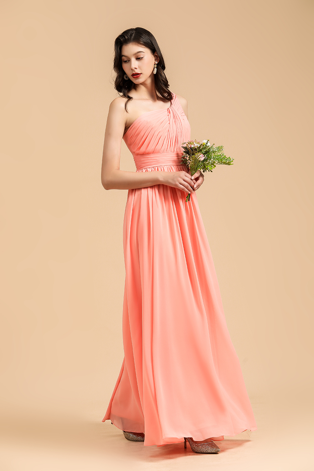 Elegant A-line One Shoulder Coral Chiffon Long Bridesmaid Dress-BMbridal