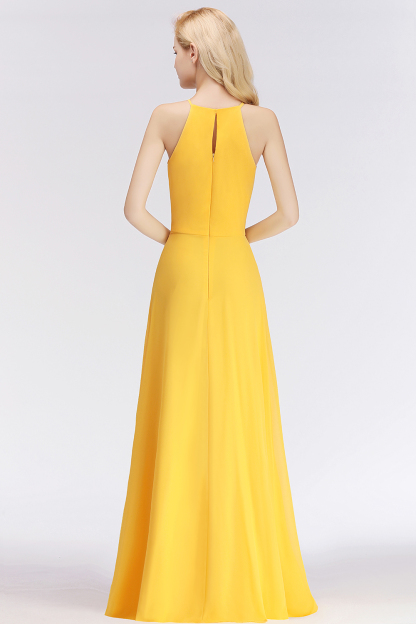 BMbridal Modest High-Neck Yellow Chiffon Affordable Bridesmaid Dresses Online-BMbridal