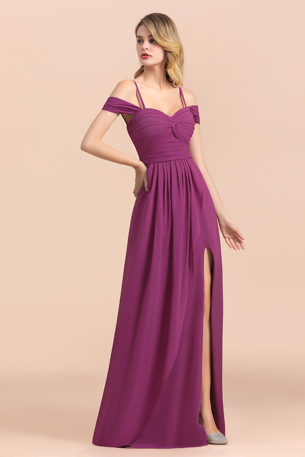 BMbridal Gorgeous Off-the-Shoulder Ruffle Orchid Bridesmaid Dress Online with Slit-BMbridal