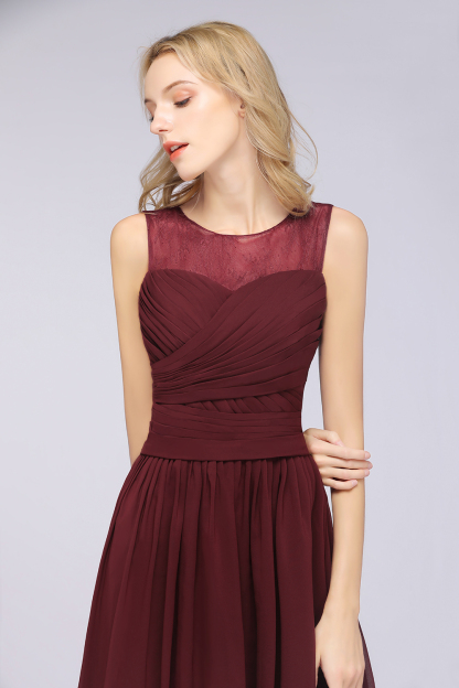 BMbridal Modest Chiffon Lace Scoop Ruffle Burgundy Bridesmaid Dresses Affordable-BMbridal