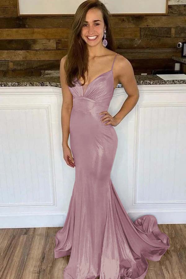 Spaghetti Strap Sleeveless Long Mermaid Prom Dress With Ruffles